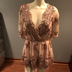 Champagne sequined low-cut romper
